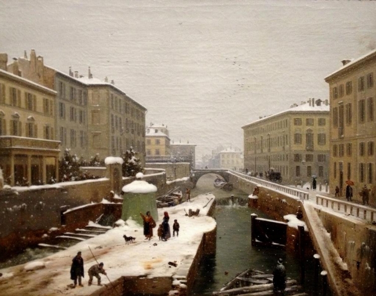 Angelo Inganni, Veduta presa sul ponte di Porta orientale con neve cadente, 1850 circa, olio su tela