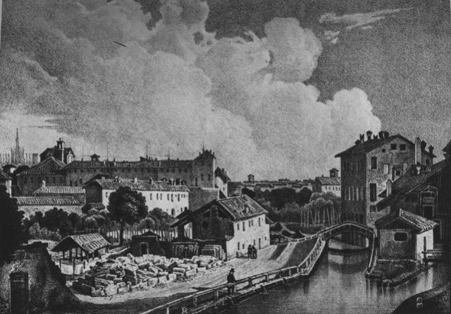 Giuseppe Elena, Il Naviglio Martesana alla conca dell’Incoronata ripreso dall’alto dei Basioni verso la città di Milano, 1831 circa, Milano, Civica Raccolta delle Stampe A. Bertarelli.