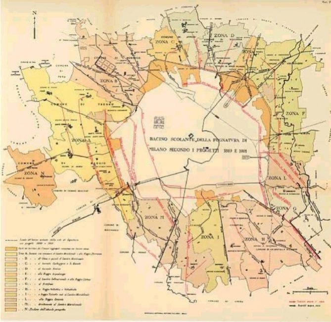 Bacino scolante fognatura Milano secondo i progetti del 1899 e 1901