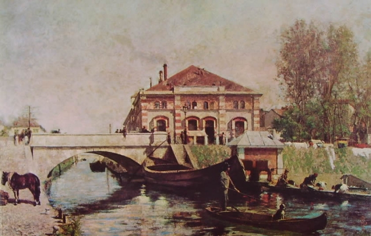 Giuseppe Barbaglia, Le cucine economiche sul Naviglio, 1900 circa, olio su tela, Rozzano, Collezione Alberto Zanoletti.
