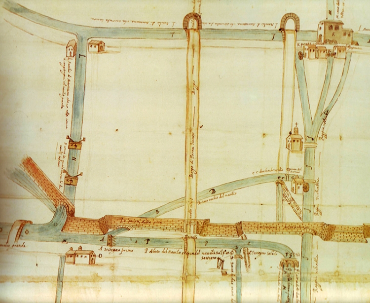 Disegno visuale che dimostra il principio della Vecchiabbia metà del XVI sec., disegno a penna acquarellato, Biblioteca Ambrosiana, Milano.