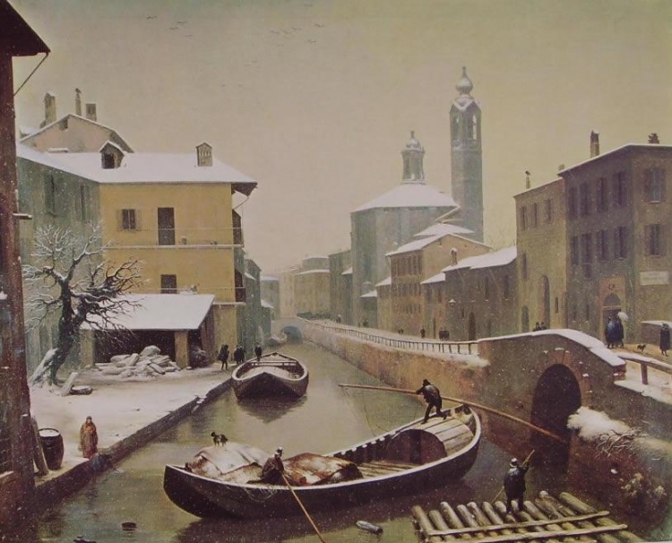 Angelo Inganni, Naviglio sotto la neve, 1845, olio su tela.
